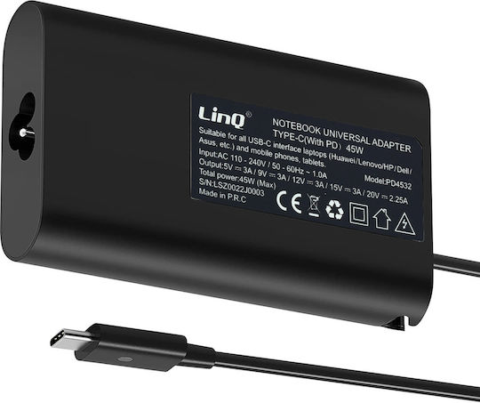 LinQ USB-C Универсален Зарядно за лаптоп 45W с Отделяем Кабел за Захранване