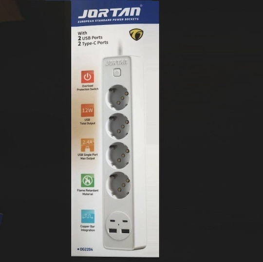 Jortan Πολύπριζο 4 Θέσεων με 2 USB-A, 2 USB-C και Διακόπτη