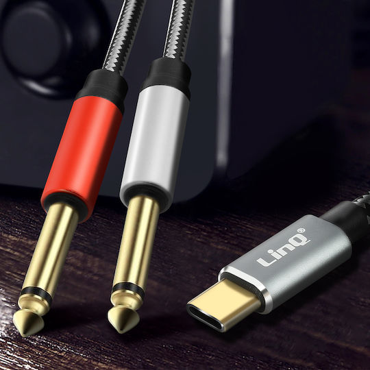 Cable Splitter Usb-c To 2x 6.35mm Jack 6.35mm Male Nylon Braided 1.5m Linq Grey