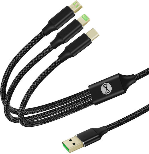 Forever Regular Cablu USB la Lightning / Type-C / micro USB cu mai multe porturi 2A Negru 1m