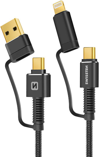 Swissten Braided Cablu USB la Lightning / Type-C cu mai multe porturi 3A Negru 1.5m (74501101)