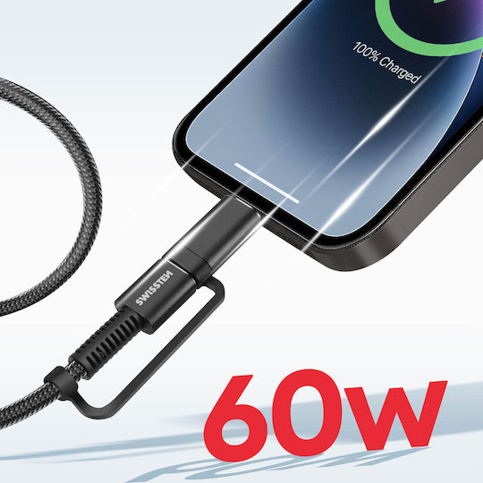 Swissten Braided Cablu USB la Lightning / Type-C cu mai multe porturi 3A Negru 1.5m (74501101)