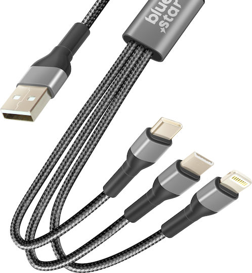 Blue Star Плетена USB към Lightning / Type-C / micro USB Кабел 3Спецификация Черен 1.2м (594886)