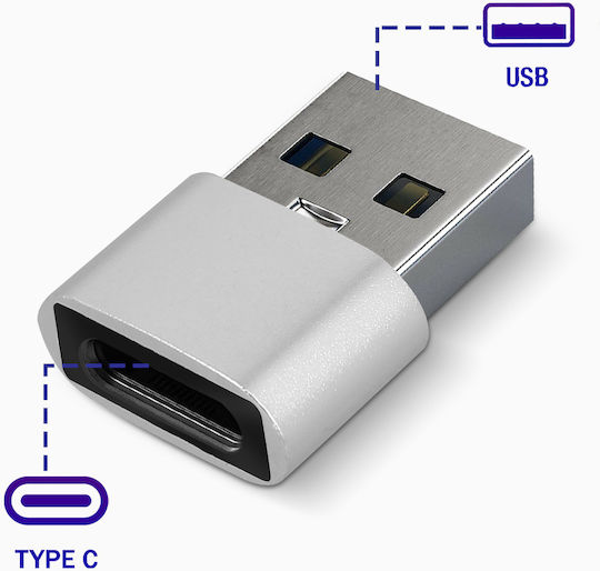 Avizar Convertor USB-A Masculin în USB-C Feminin Argintiu 1 Bucată ADA-MINI-C2A