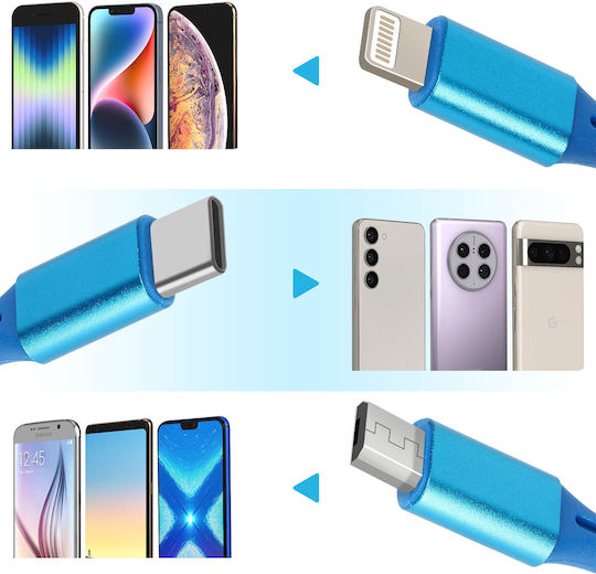 LinQ Retractable USB to Lightning / Type-C / micro USB Cable Μπλε 1m (IP-7893)