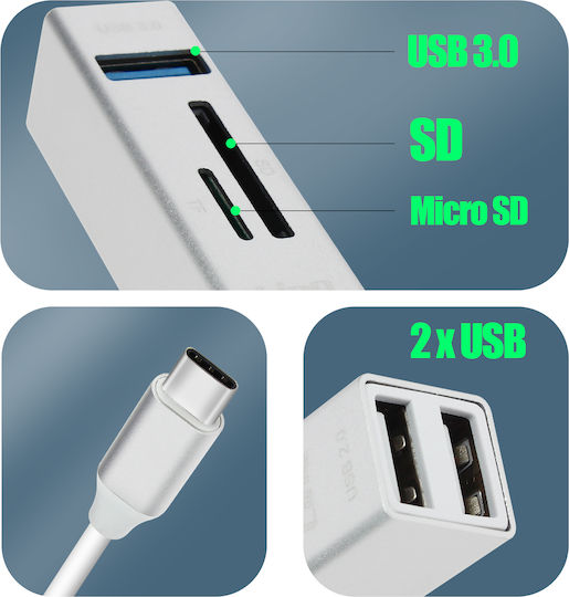 Usb-c 5-in-1 Hub 3 Usb Ports & Sd Micro-sd Card Reader Linq Silver