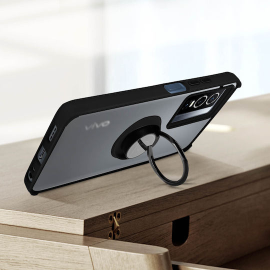 Калъф за Vivo Y76 5G, двукомпонентен, с метален пръстен и стойка за видео, черен