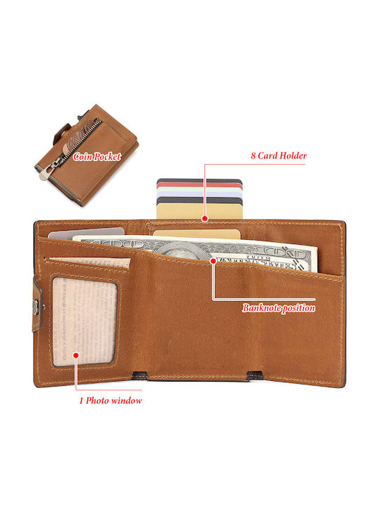 Leather Men's Wallet Cards with RFID and Slide Mechanism Brown