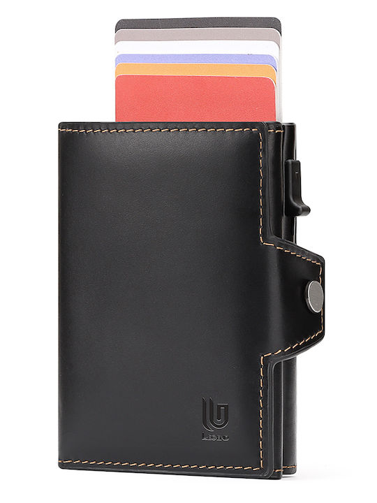 Leather Men's Wallet Cards with RFID and Slide Mechanism Black