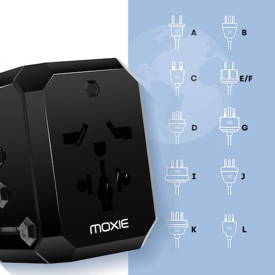 Moxie Universal EU USA UK AUS Socket Adapter + 3 USB + 1 USB C Black