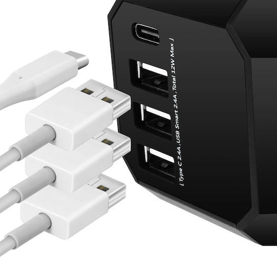 Moxie Universal EU USA UK AUS Socket Adapter + 3 USB + 1 USB C Black
