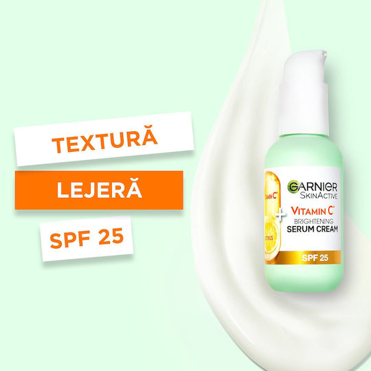 Garnier Skinactive Serum Cremă Hidratantă și Anti-îmbătrânire pentru Față SPF25 cu Vitamina C și Acid Hialuronic pentru Strălucire și Pete Pigmentare 50ml
