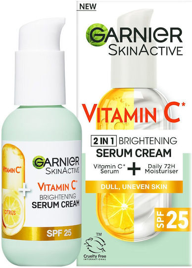 Garnier Skinactive Serum Cremă Hidratantă și Anti-îmbătrânire pentru Față SPF25 cu Vitamina C și Acid Hialuronic pentru Strălucire și Pete Pigmentare 50ml