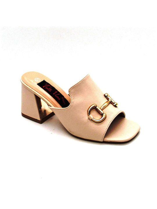 Super Mode Mules mit Chunky Hoch Absatz in Beige Farbe