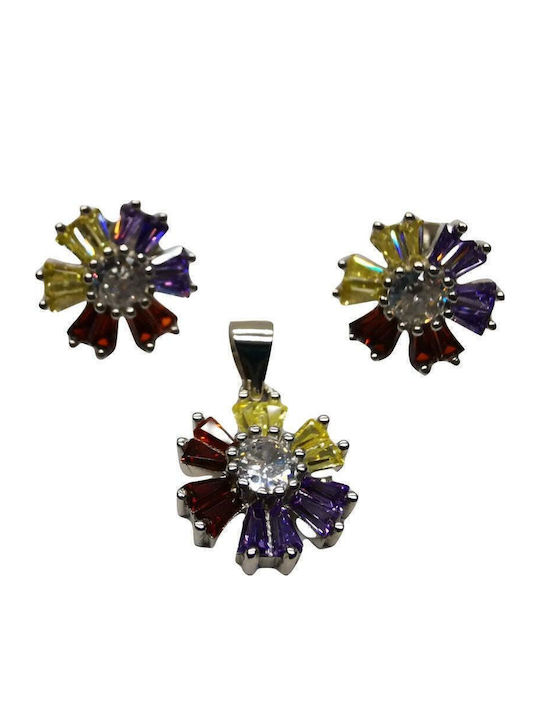 925 Silver Set Multicolored Flowers White Center Model 1