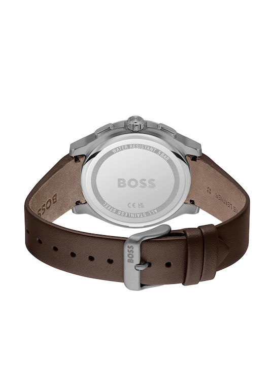 Boss Peak Ανδρικό Ρολόι 45mm Χρονογράφος Μπαταρίας με Καφέ Δερμάτινο Λουράκι