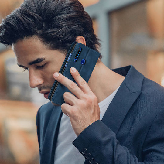 Защитен калъф Honor 20 Lite 20e с държач за карти, кожен, винтидж ефект, син