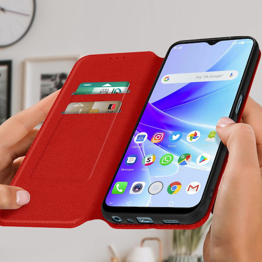 Калъф за Oppo A57 A57s с държач за карти и стойка за видео, червен
