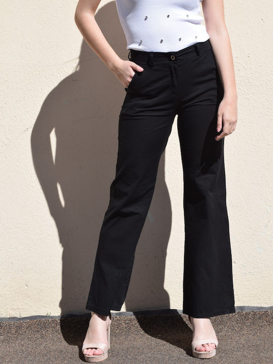 Cotton elastic high waist pants black with bell bottom