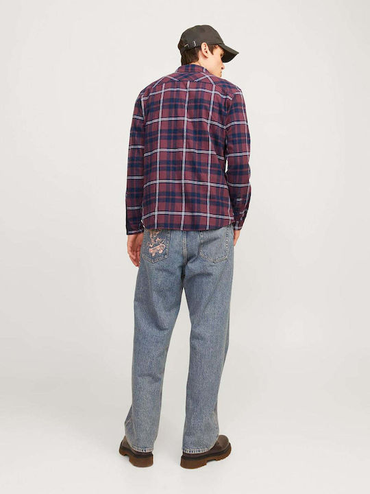 Jack & Jones Men's Shirt Long Sleeve Flannel Checked Bordeaux