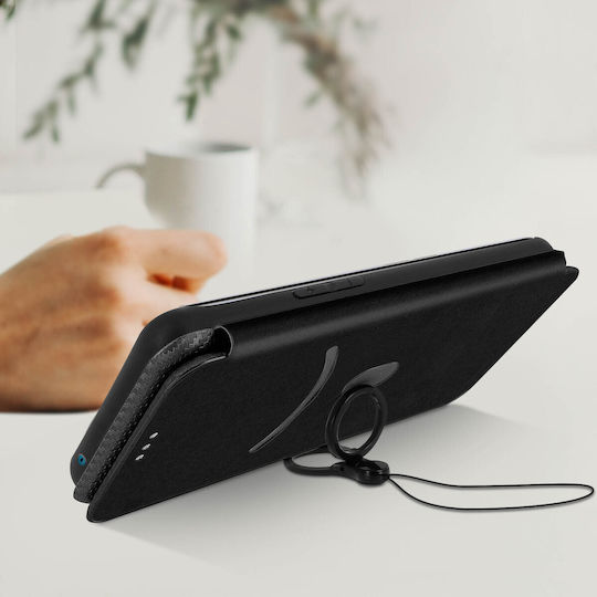 Husă tip folio Oppo Reno 5 Pro 5G cu suport pentru carduri și stand efect carbon negru