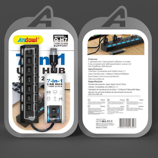 Andowl Qh7 Хъб 7 USB 2.0 Порта с USB-A Връзка