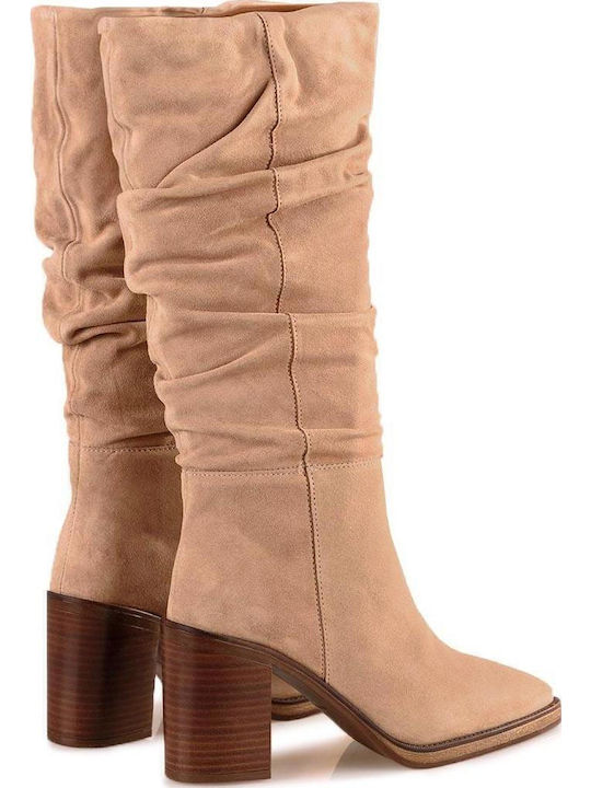 Wildleder Damenstiefel mit hohem Absatz Beige