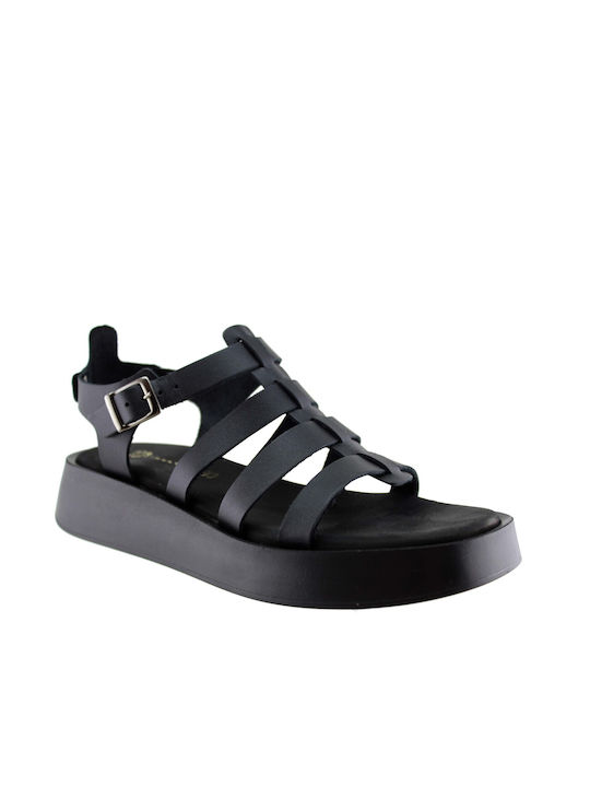 Stefania Leather Women's Flat Sandals with Strap Flatforms in Black Color