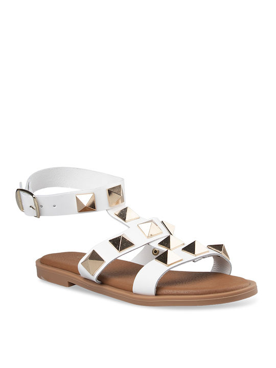 Tsouderos Shoes Women's Flat Sandals with Strap in White Color