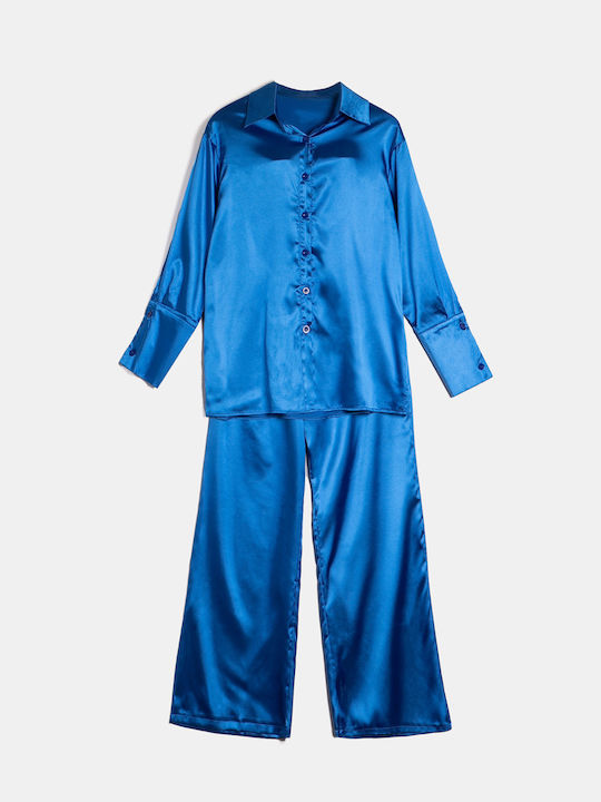 Satin Blue Shirt and Wide-Leg Pants Set