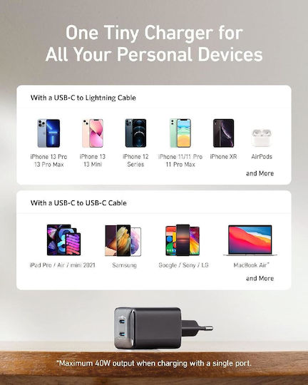 Anker Charger Without Cable GaN with 2 USB-C Ports 40W Power Delivery Blacks (521 Nano Pro)