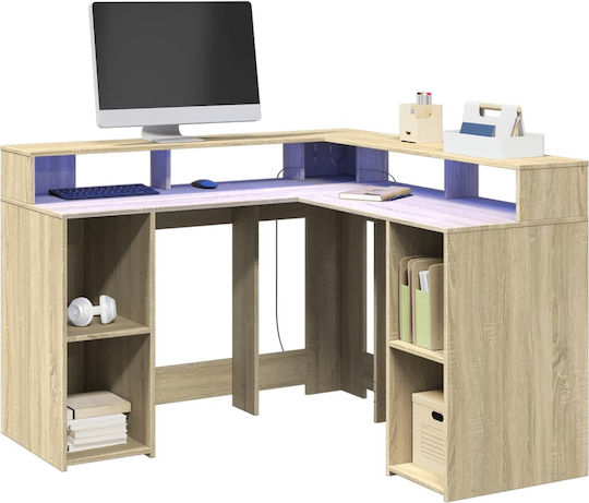 Corner Desk Wooden Beige with LED & USB ports 130x130x91cm