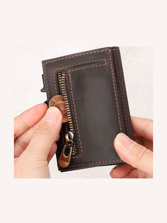 Leather Men's Wallet Cards with Slide Mechanism Brown