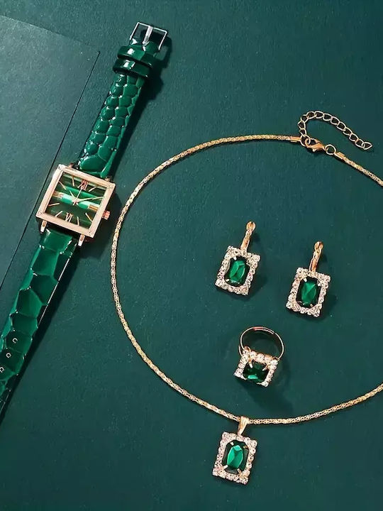 Grünes Uhr-Halskette-Rhinestone-Ohrringe-Geschenkset