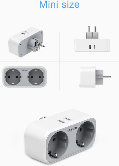 Tessan Power Strip 2 Sockets with 1 USB-A and 1 USB-C without Cable