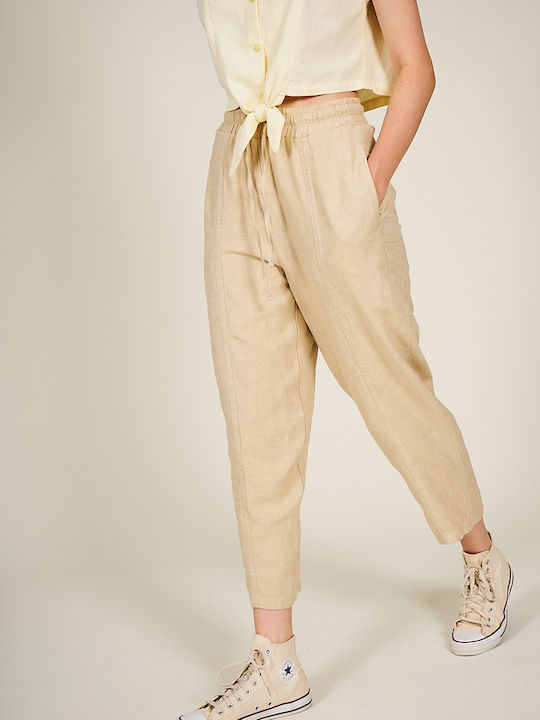 Badila Women's Linen Trousers with Elastic Beige