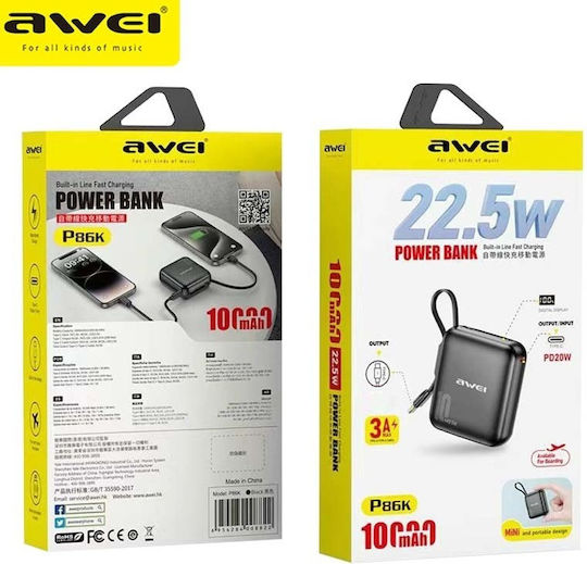 Awei P86K Power Bank 10000mAh 22.5W with USB-C Port Black