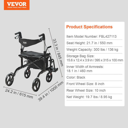 Vevor Αναπηρικό Αμαξίδιο 21.7" Πτυσσόμενο 100cm EHYZXQCKJLQ8L86XDV0 Μαύρο