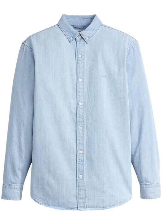 Authentic Long-sleeved Denim Shirt in Wide Line Light Indigo