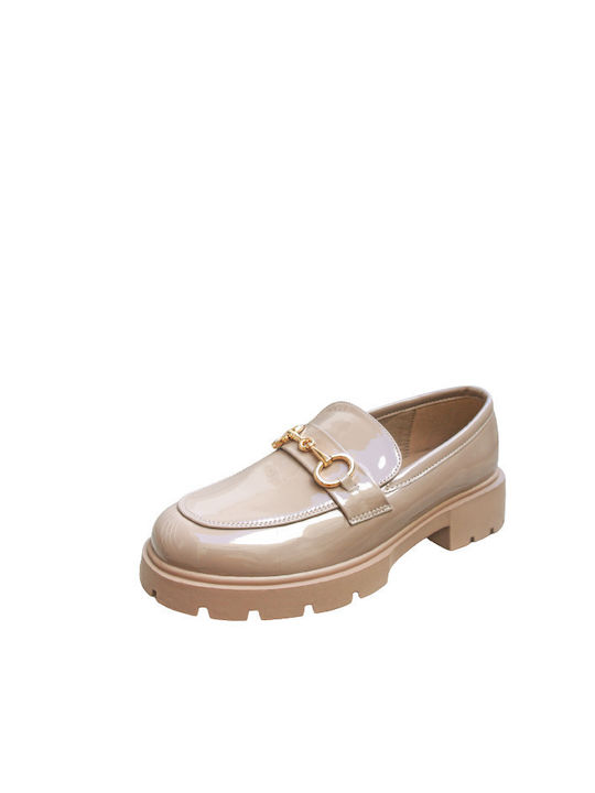 Verde Patent Leather Women's Loafers in Beige Color