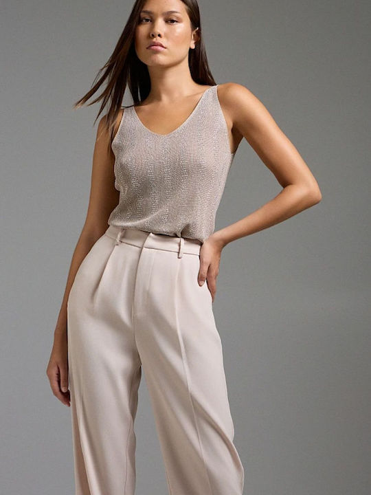 Women's Blouse Sleeveless with V Neckline Beige