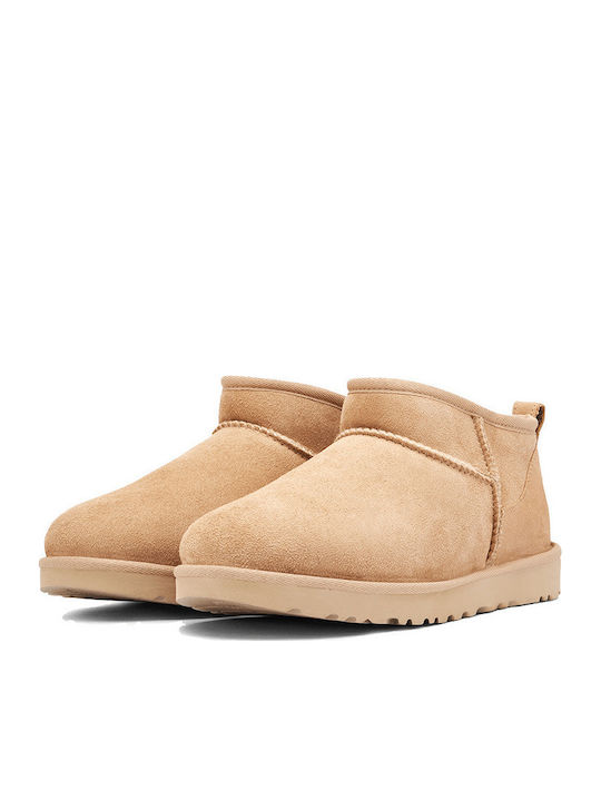 Classic Ultra Mini Leather Women's Ankle Boots with Fur Sand