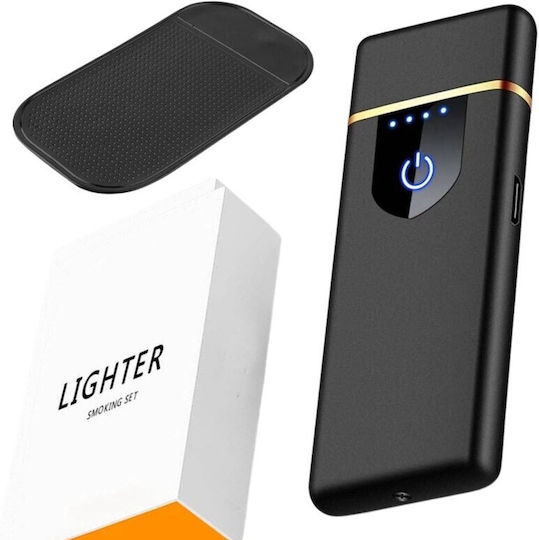 Electric Windproof Lighter In Box Usb Charging Digital Sensor Led Indicator Rubber Silicone Holder Non-Slip Sticky 78.5x28.5x9.5 Mm Black