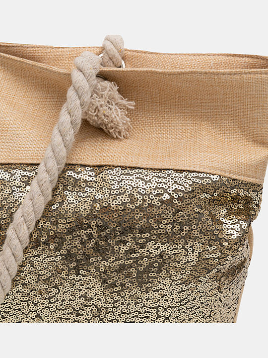 Beige Beach Bag Bronze Sequins Μπεζ One Size