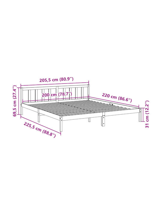 Легло King Size Дървено Бяло с Дъски за Матрак 200x220см