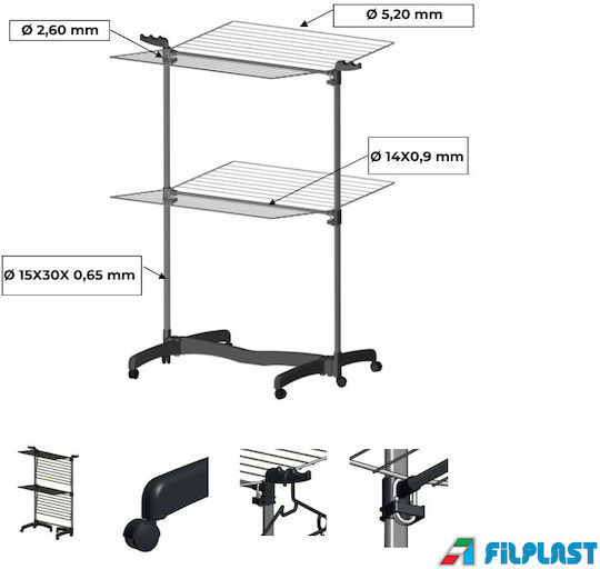 Filplast Eco Space Uscătoare Rufe Pliere Pardoseală din Aluminiu cu Roți cu Lungimea Suportului de Uscare a Hainelor 30m