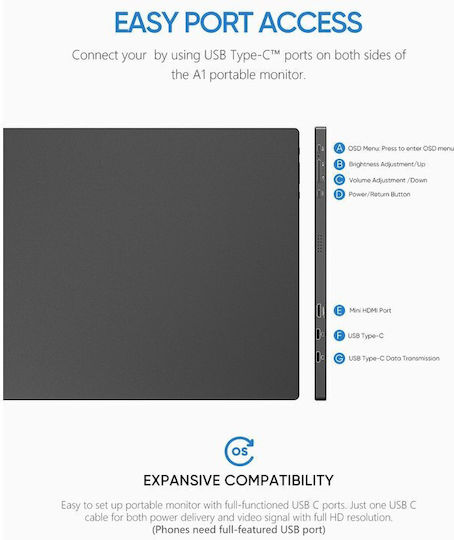 Arzopa A1 IPS Φορητό Monitor 15.6" FHD 1920x1080