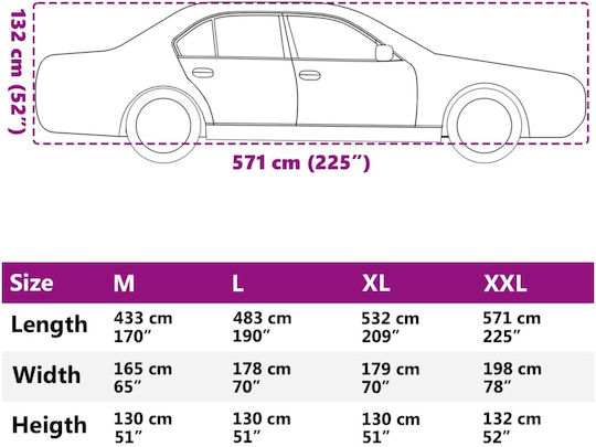 vidaXL Κουκούλα 571x198x132cm Αδιάβροχη XXLarge για Sedan που Στερεώνεται με Ιμάντες