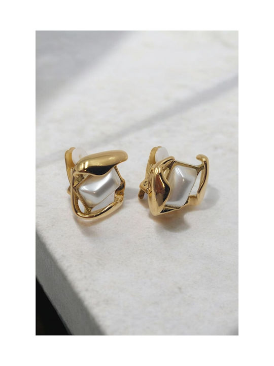 Earrings with Clip made of Steel Gold Plated with Pearls