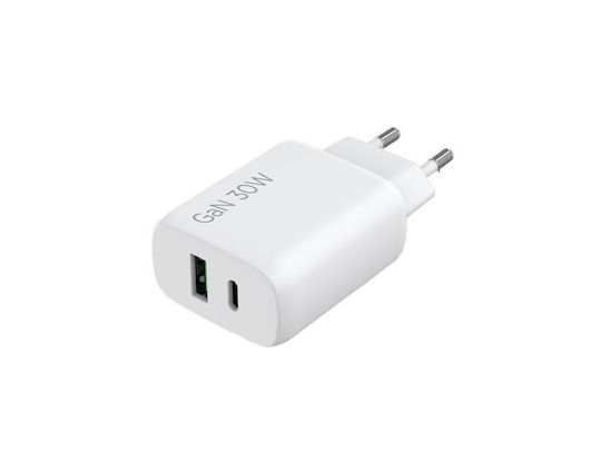 Sogo Φορτιστής Χωρίς Καλώδιο GaN με Θύρα USB-A και Θύρα USB-C 30W Power Delivery / Quick Charge 3.0 Λευκός (CAR-SS-18715)